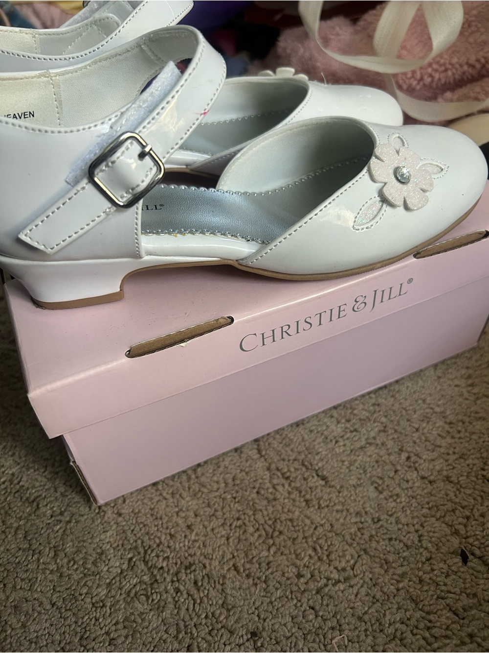 Christie & Jill Girls' White Mary Jane Dress Shoes with Flower Accent